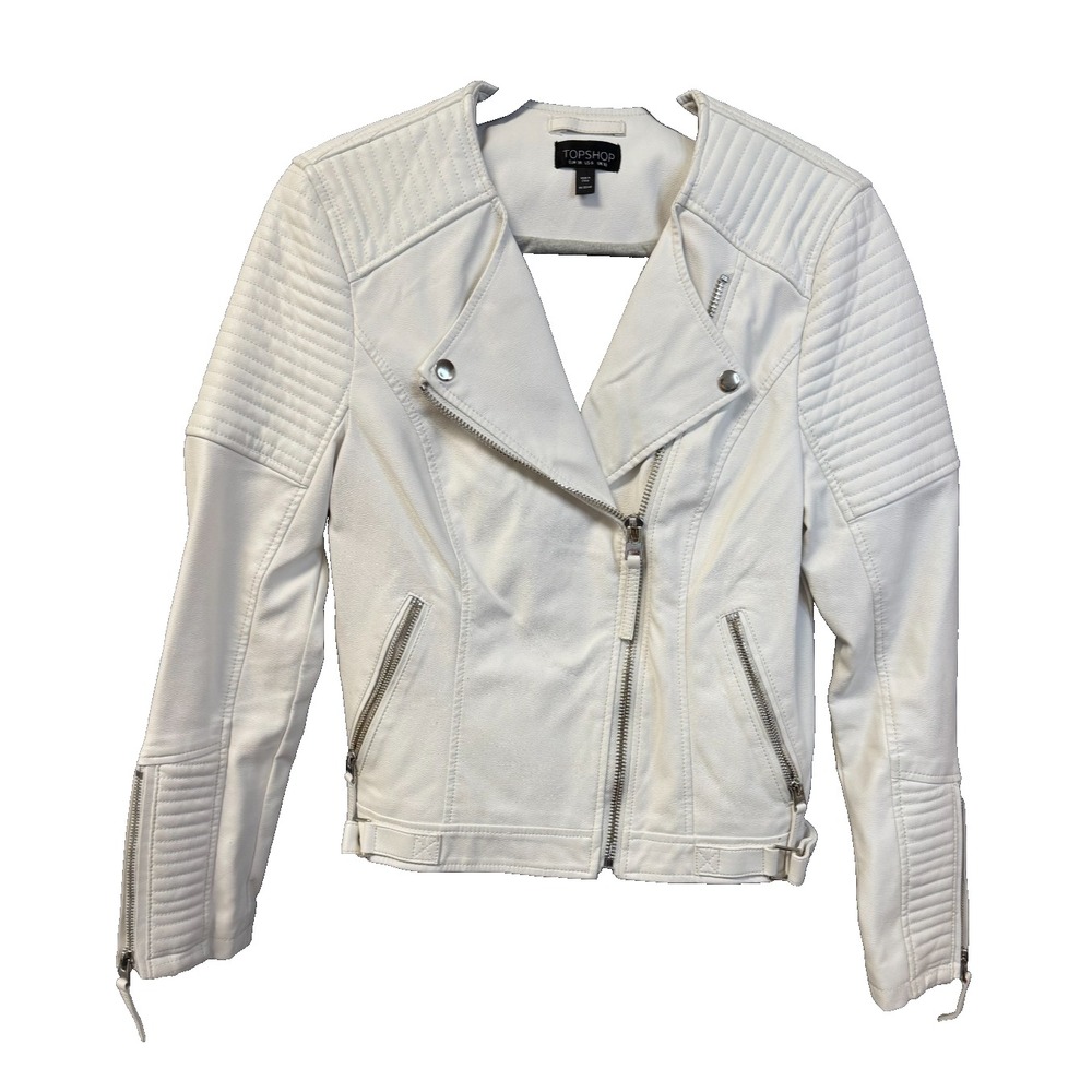 Topshop Womens White Faux Leather Biker Moto Jacket Quilted Ribbed Size US 6